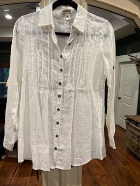 100% LINEN Nordstrom White Linen Pintuck Button-Up Shirt